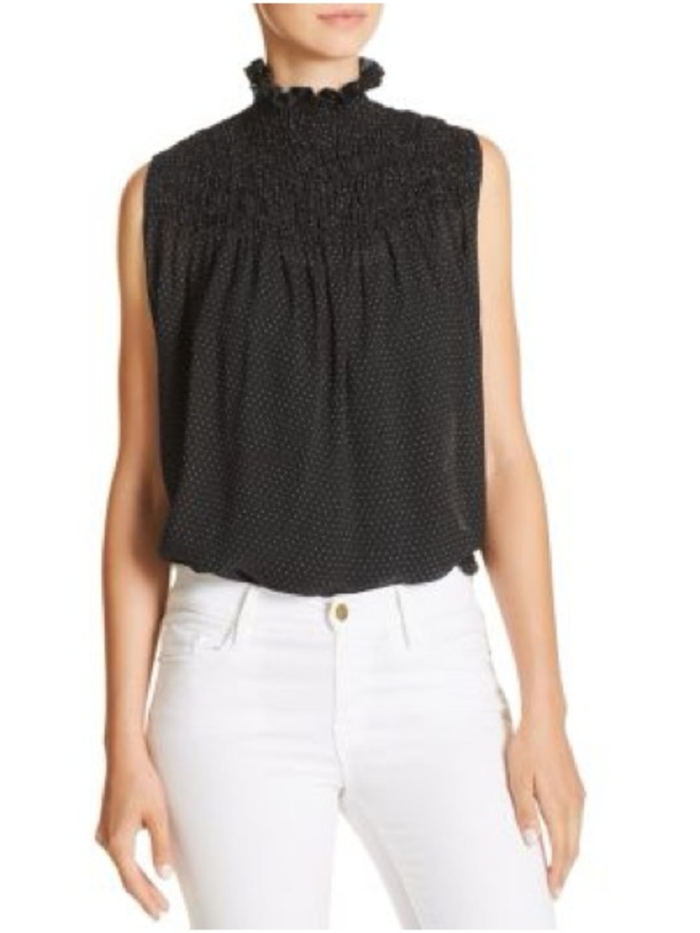 Frame Polkadot Black Sleeveless Smocked Neck Camisole
